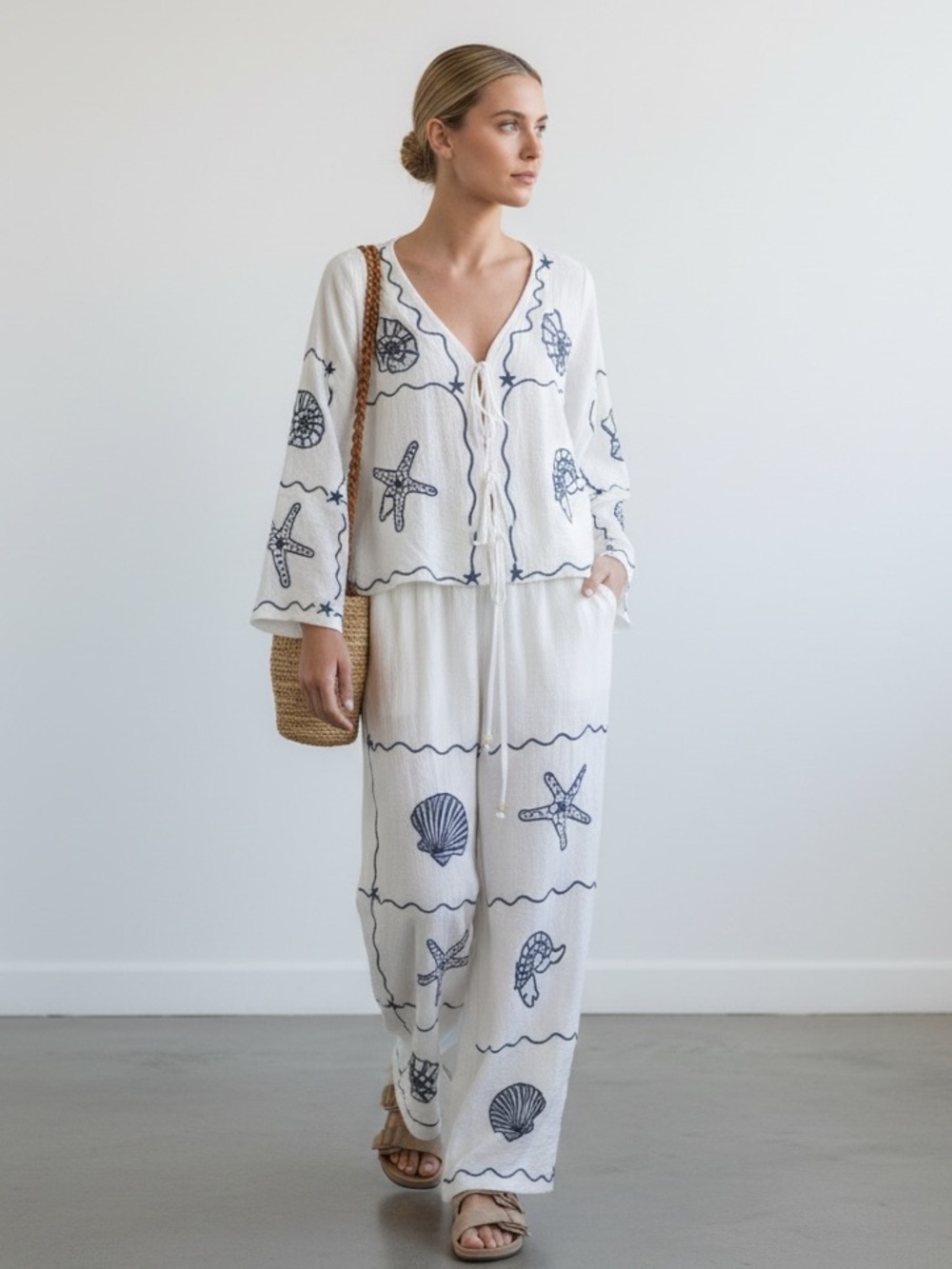 1501 • Off White Rayon Linen Woven Soft Drape Navy Embroidered Sea Creatures Set